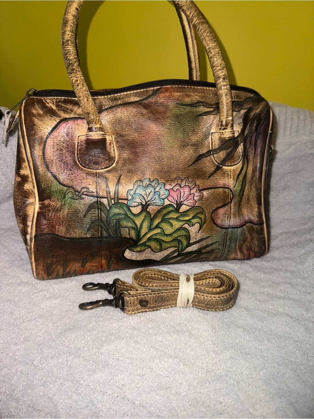 Hand-Painted Floral Leather Satchel in Brown and Multicolor - Picture 14 of 15